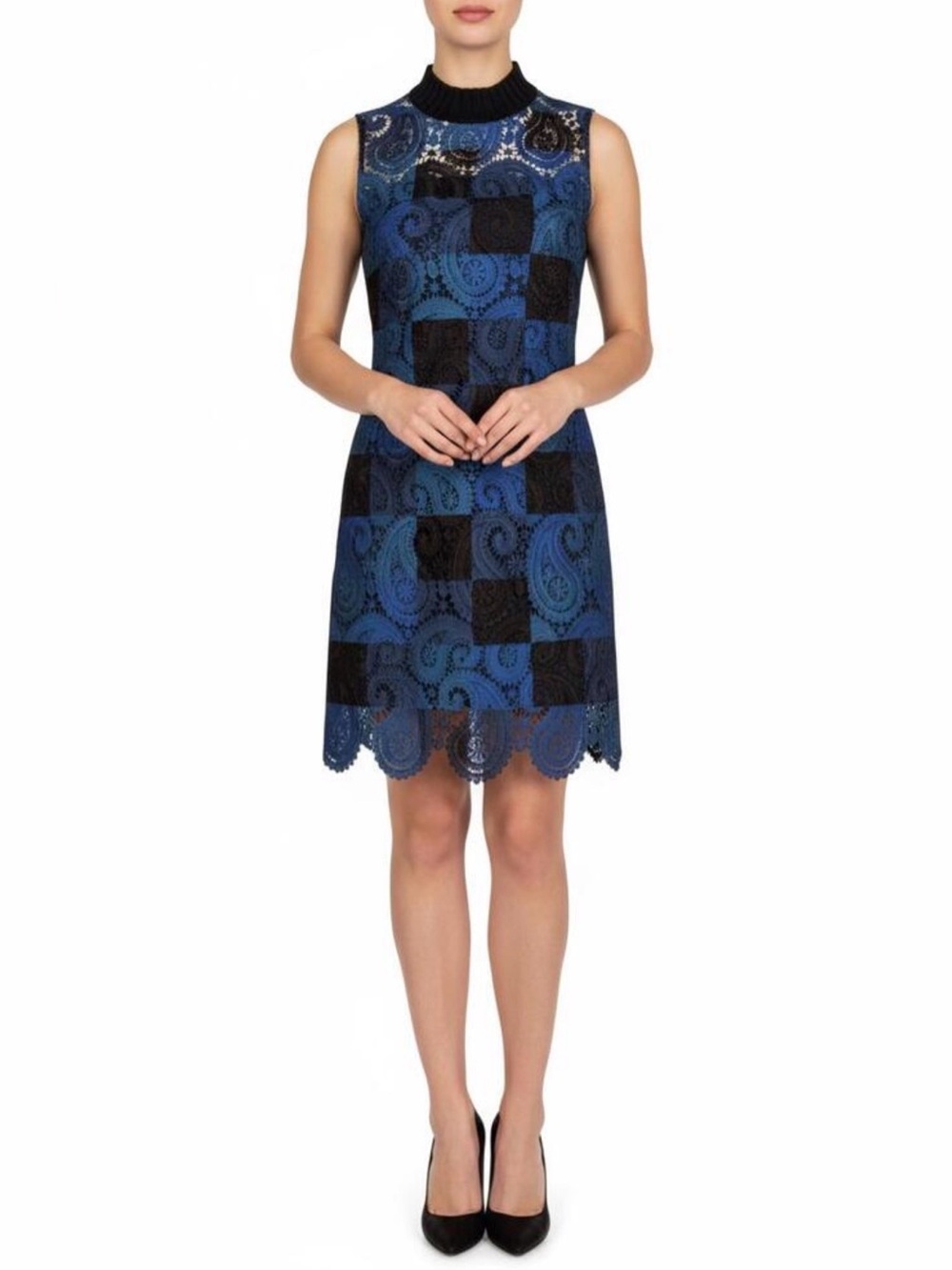 SEA New York blue lace check patchwork pattern sheath dress 8 $525